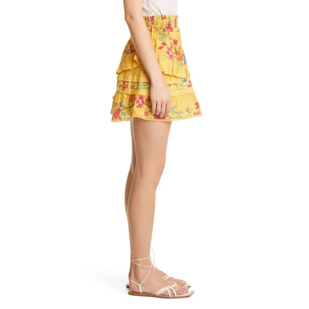 🆕 FARM RIO Flower Dream Tiered Cotton Mini Skirt Yellow Small - Picture 5 of 11